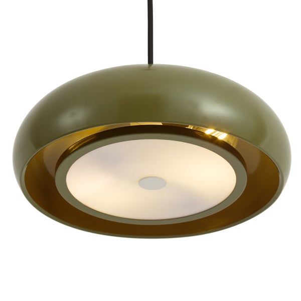 Kuppelförmige Pendelleuchte mit olivgrünem Schirm, goldfarbener Innenseite und integriertem Diffusor.