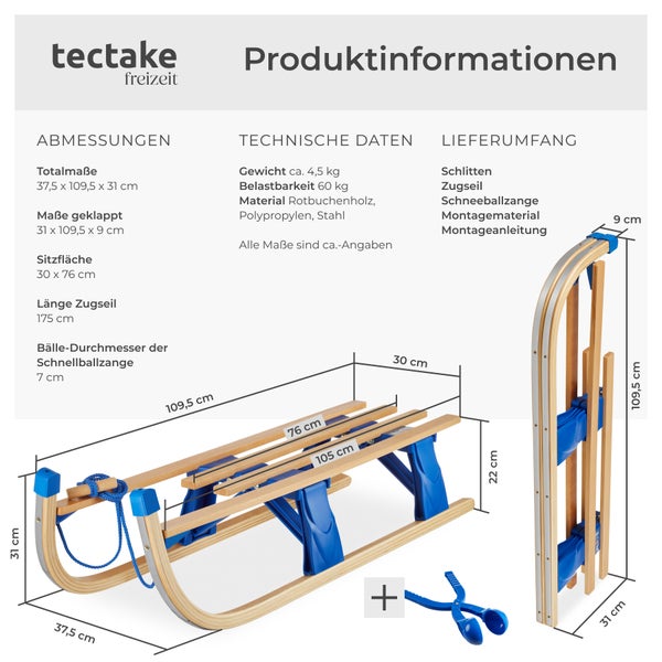 Holzschlitten tectake Jeffrey 37,5 x 109,5 x 31 cm, Belastbarkeit 130 kg klappbar braun