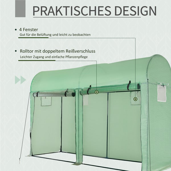 Outsunny Foliengewächshaus, Gewächshaus, 300 x 100 x 200 cm, Stahl,PE-Kunststoff, Grün