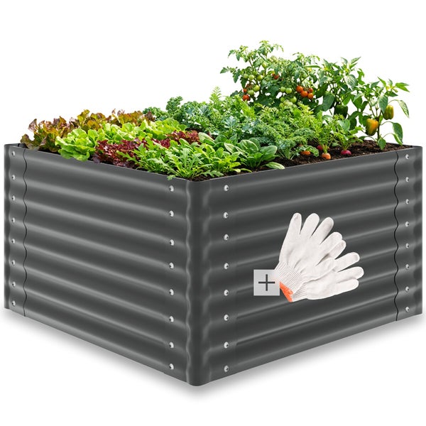 Quadratisches Hochbeet aus anthrazitfarbenem Wellblech, bepflanzt mit Salat und Gemüse, inklusive weißer Gartenhandschuhe.
