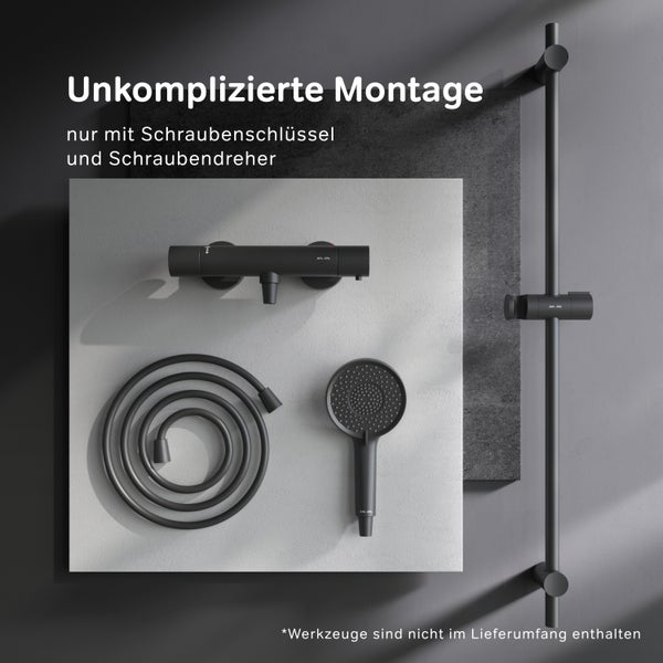 Duschsystem Set inklusive Thermostatarmatur, Handbrause, Duschschlauch und Duschstange für eine einfache Montage im Badezimmer.