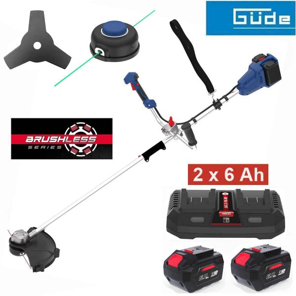 Güde Akku-Freischneider Brushless Series mit zwei 6 Amperestunden Akkus, Doppel-Ladegerät, Messerblatt und Fadenspule. Güde Logo.