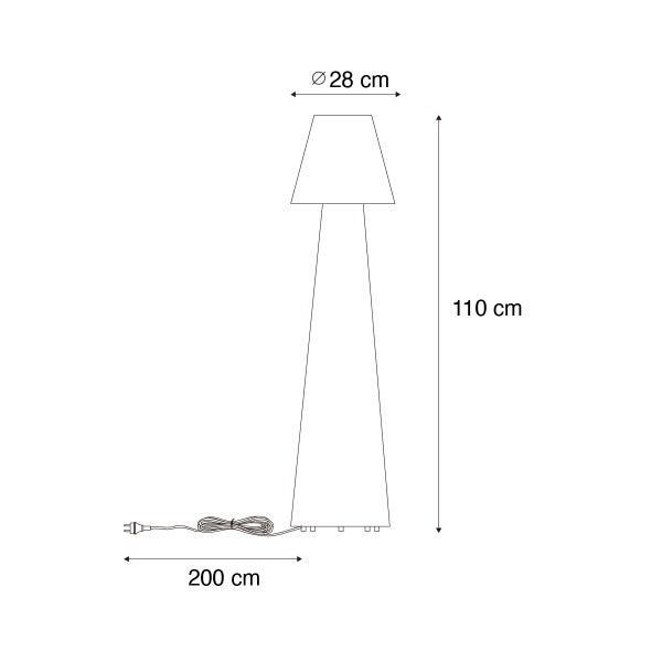 Maßzeichnung einer Stehleuchte mit einer Gesamthöhe von 110 Zentimetern, einem Durchmesser von 28 Zentimetern und einer Kabellänge von 200 Zentimetern.