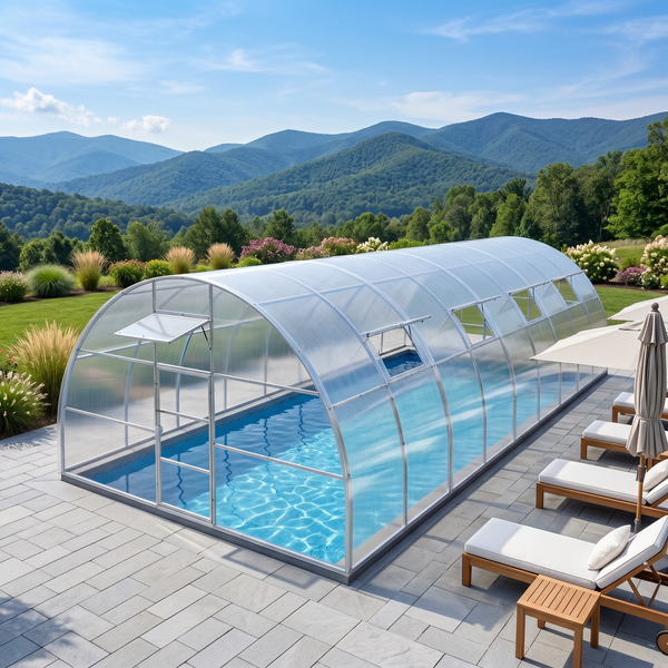 Eine halbhohe Poolüberdachung aus Polycarbonat in einem sonnigen Garten mit Bergen im Hintergrund und Sonnenliegen auf einer Steinterrasse.