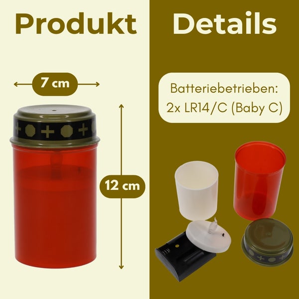 LED-Grablicht, Höhe 12 Zentimeter, Durchmesser 7 Zentimeter. Batteriebetrieben mit zwei LR14 Batterien.