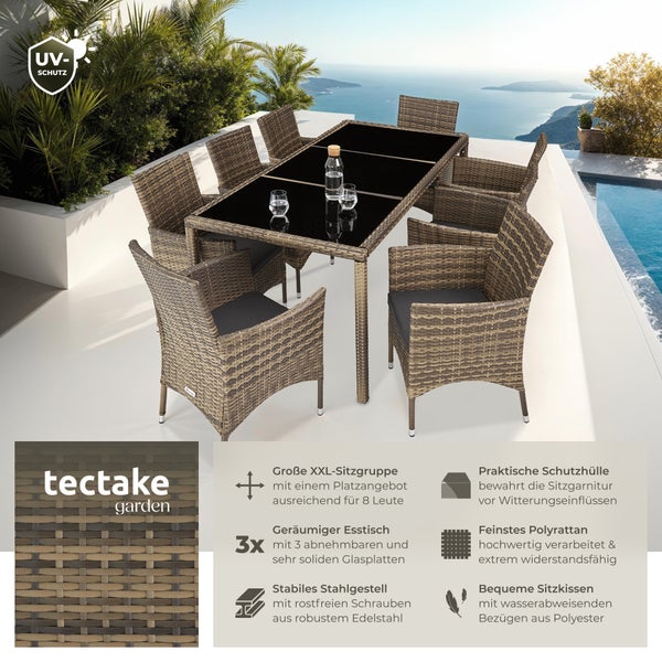 Rattan Sitzgruppe tectake Almansa inklusive Schutzhülle für 8 Personen natur/dunkelgrau