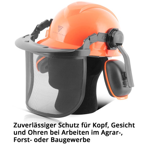 Oranger Forstschutzhelm mit Gittervisier, Gehörschutz und Stahlwerk Logo.