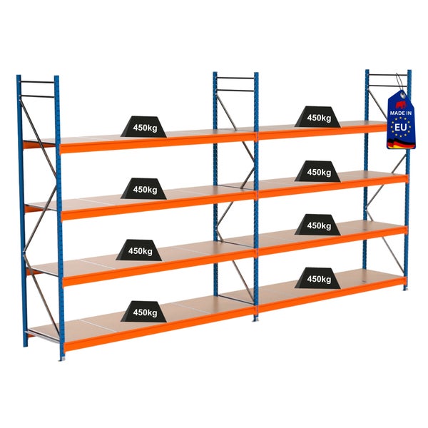 Regal mit acht Gewichten von 450 Kilogramm und Made in EU Siegel