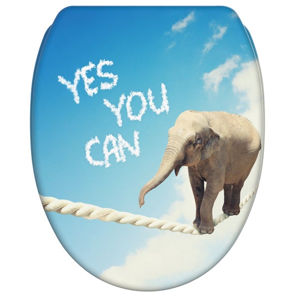 WC-Sitz mit Motiv Elefant auf einem Seil und Wolken-Schriftzug Yes You Can.
