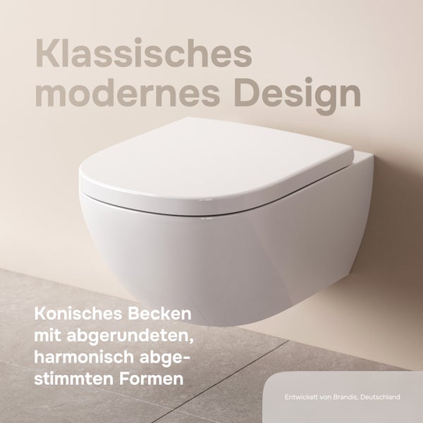 Wandhängendes Tiefspül-WC mit konischem Becken und WC-Sitz in modernem Design, entwickelt in Deutschland.