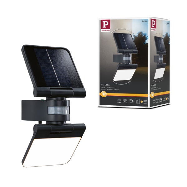 Solar LED Wandfluter Lesla Dämmerungsgesteuerter Bewegungsmelder (IR) IP65 eckig 150x130mm 3000K 12,5W 1000lm 3,7V Anthrazit Kunststoff