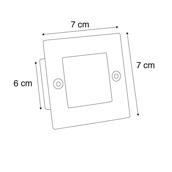 Maßzeichnung einer quadratischen Einbauleuchte mit Außenmaßen von 7 mal 7 Zentimetern und einem Einbaumaß von 6 Zentimetern.