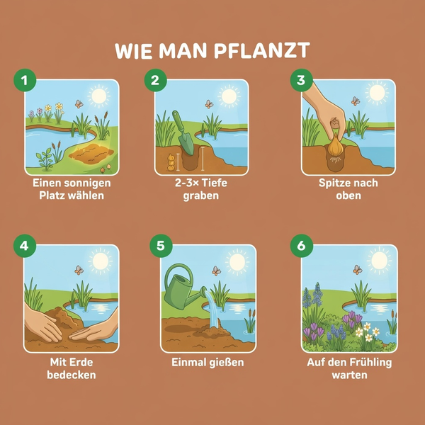 Anleitung zum Pflanzen von Blumenzwiebeln: sonnigen Platz wählen, tiefes Loch graben, Spitze nach oben, mit Erde bedecken und gießen.