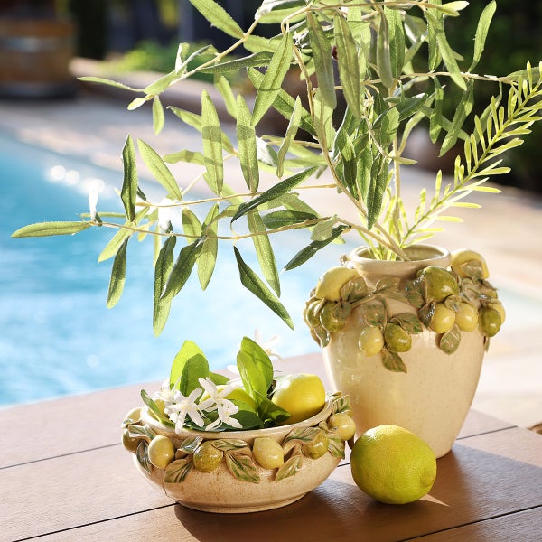 Dekorative Schalen und eine Vase mit Zitronen-Motiven und Pflanzen auf einem Tisch im Freien.