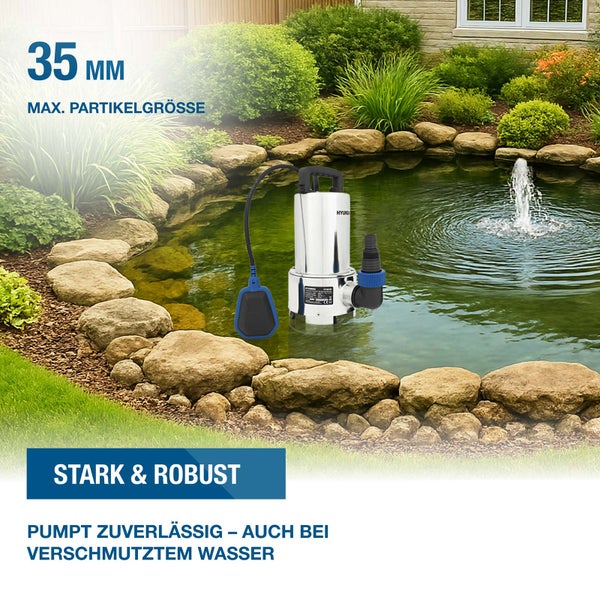 Hyundai Schmutzwasser-Tauchpumpe aus Edelstahl im hellen Gartenteich mit Steineinfassung und Fontäne. Hyundai Logo. Partikelgröße 35 Millimeter.