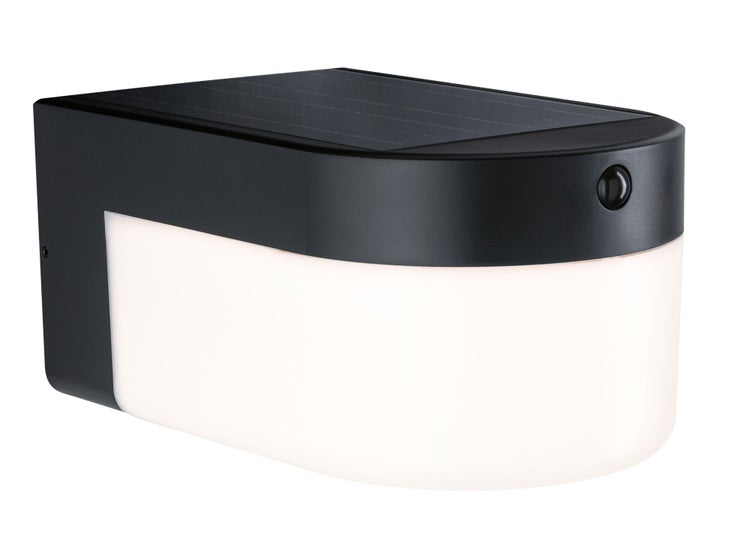 Moderne Solar-Wandleuchte für den Außenbereich mit Bewegungsmelder, integriertem Solarpanel und weißem Lichtdiffusor.