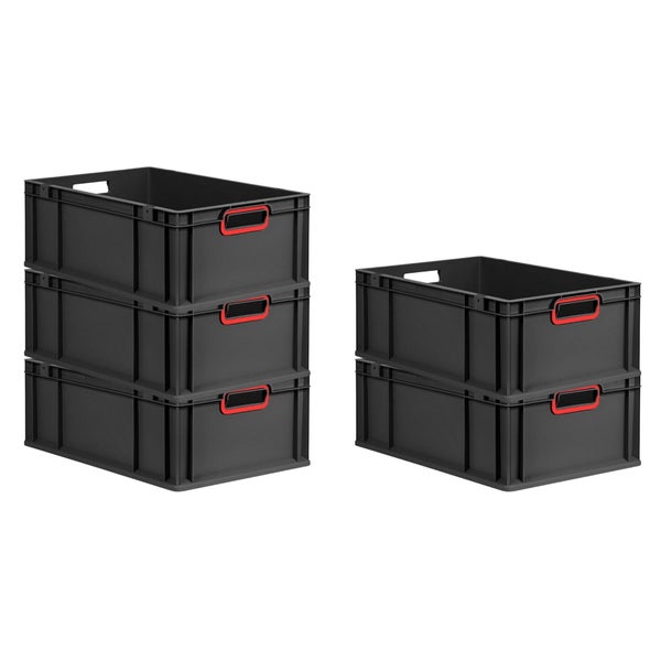 PROREGAL SparSet 5x Eurobox NextGen Color, HxBxT 22x40x60cm, 44 Liter, Griffe rot offen, Verstärkter Boden, Schwarz, Eurobehälter, Transportbox, Transportbehälter, Stapelbehälter