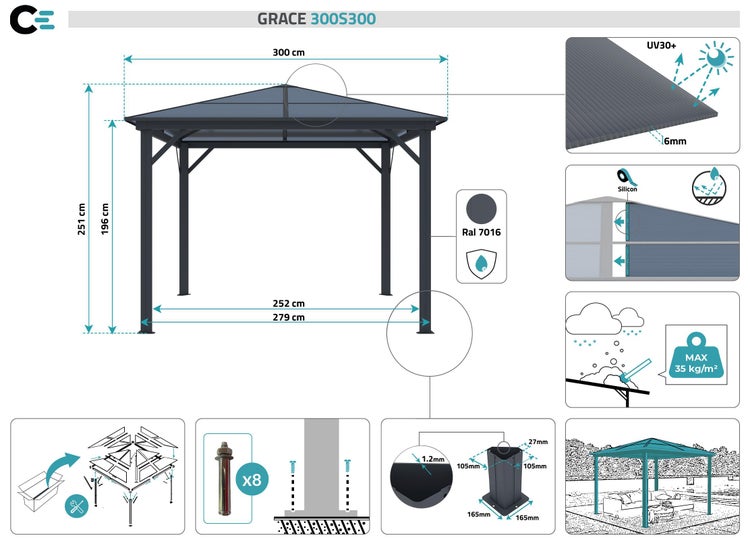 Aluminium Pavillon GRACE 300S300 Anthrazitgrau