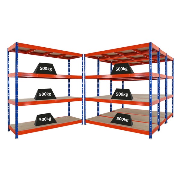 PROREGAL Mega Deal 4x Profi Schwerlastregal Rhino HxBxT 200x200x60cm 4 Spanplatten-Ebenen 8mm Fachlast 500kg Blau-Orange