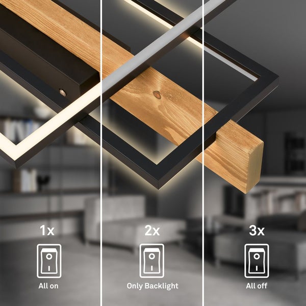 Briloner Cadre LED Deckenlampe, Indirektes Licht, 3 Stufen Schaltung, Holzdekor, Warmweißes Licht, Schwarz-Holz, 55 x 30 x 8 cm