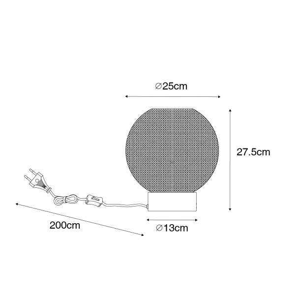 Abbildung der Maße einer Kugel Tischleuchte mit Schalter und Stecker