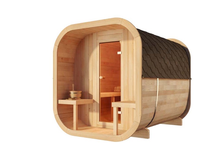 FinnTherm Fasssauna ScandiCube Premium Fasssauna 2 Sitzbänke aus Holz, Sauna mit 42 mm Wandstärke, Außensauna mit Glasfront, Naturbelassen 2x2,8m