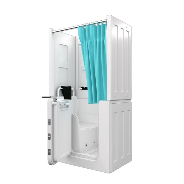 Sitzbadewanne mit Einstiegstür, integriertem Sitz und Duschvorhang.