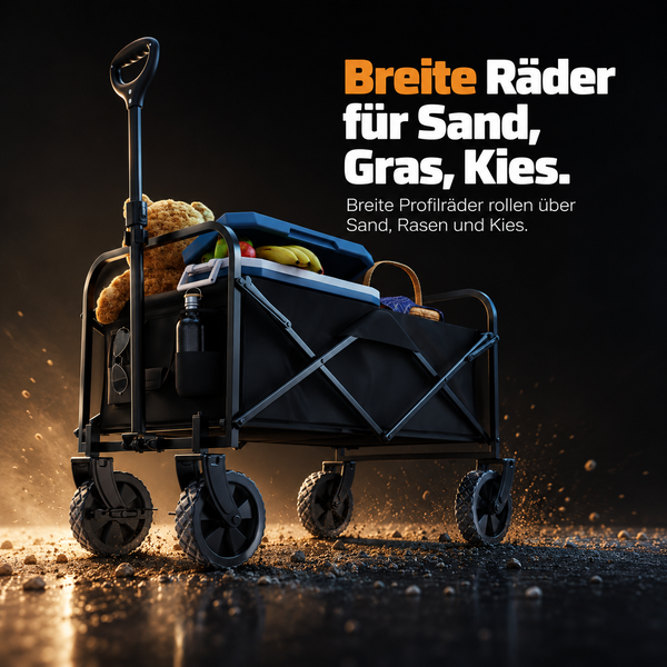 Schwarzer faltbarer Bollerwagen mit breiten Profilrädern für Sand, Gras und Kies, beladen mit Proviant und Spielzeug.