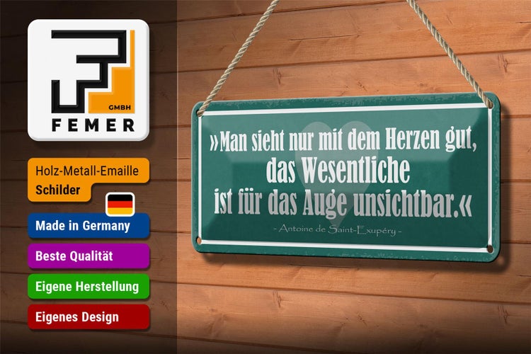 Blechschild Spruch 27x10cm man sieht nur mit Herzen gut Dekoration