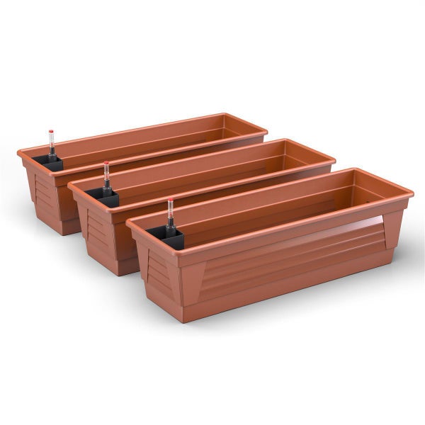 Blumenkasten Milano 3er Set 100 cm lang Farbe Terrakotta mit Wasserspeicher und Wasserstandsanzeige Pflanzkasten für Garten und Balkon witterungsbeständig für Innen und Außen