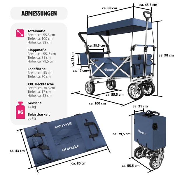 Bollerwagen tectake Nico inklusive Tragetasche, Belastbarkeit 80 kg faltbar, mit Dach blau