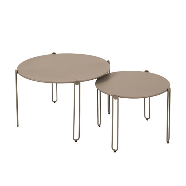 Satztisch-Set aus Metall, 2-teilig, mit runden Tischplatten und U-förmigen Beinen, beige.