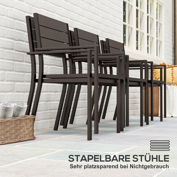 Stapelbare Gartenstühle aus Metall und Holzimitat