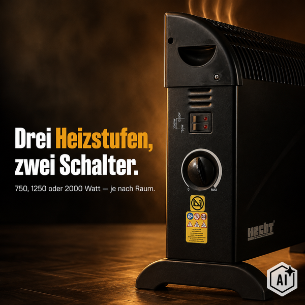 Hecht Konvektor Heizgerät mit drei Heizstufen von 750 1250 und 2000 Watt und einstellbarem Thermostat
