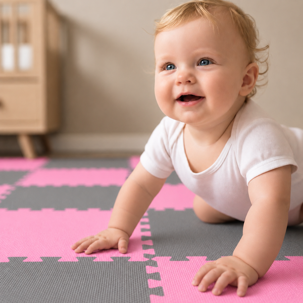 Kleinkind krabbelt auf einer weichen Spielmatte aus Schaumstoff mit ineinandergreifendem Puzzlemuster auf dem Boden im Kinderzimmer.