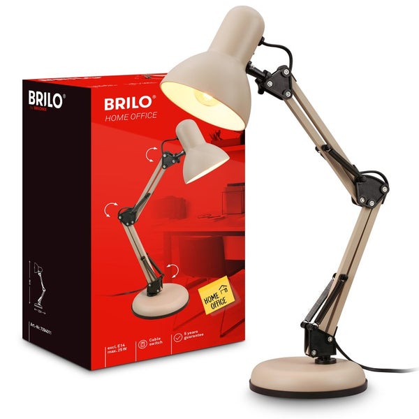 Verstellbare Brilo Schreibtischleuchte mit Gelenkarm und Standfuß neben der Produktverpackung, Kabelschalter und fünf Jahren Garantie.