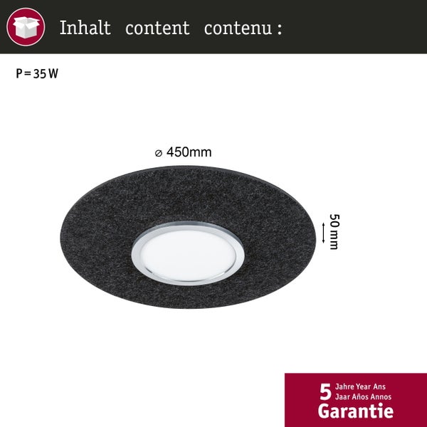 Runde LED-Deckenleuchte aus Filz, Durchmesser 450 Millimeter, Höhe 50 Millimeter, 35 Watt, 5 Jahre Garantie.
