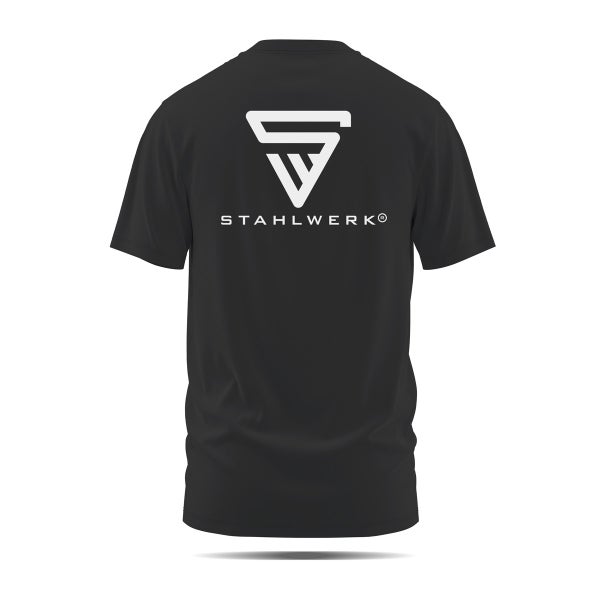 Schwarzes T-Shirt mit Stahlwerk Logo auf der Rückseite