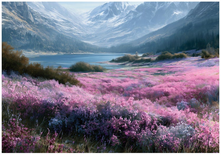 Bergsee vor einer schneebedeckten Gebirgskulisse mit einem weiten Feld voller rosa blühender Wildblumen und Sträucher.