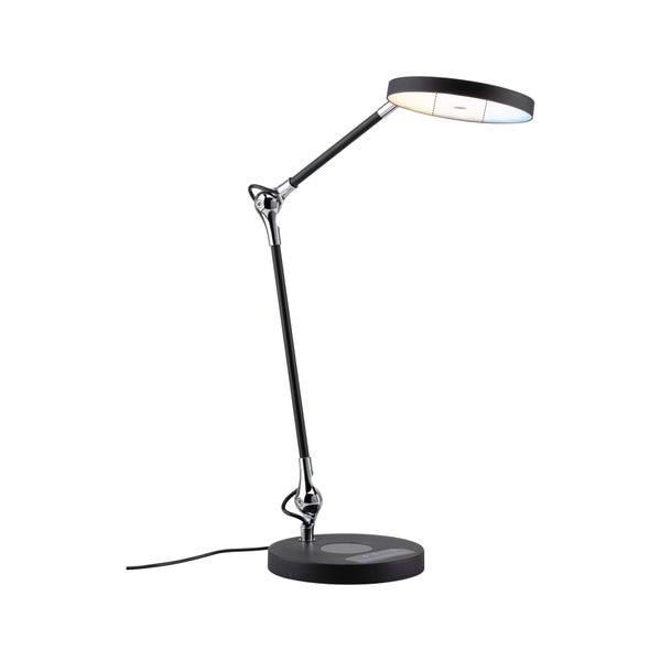 Schwarze LED-Schreibtischleuchte mit silbernen Gelenken, verstellbarem Arm, rundem Kopf und Touch-Bedienfeld am Sockel.