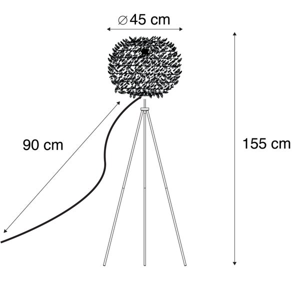 Abbildung einer Stehlampe mit einer Höhe von 155 Zentimetern, einer Kabellänge von 90 Zentimetern und einem Lampenschirmdurchmesser von 45 Zentimetern.