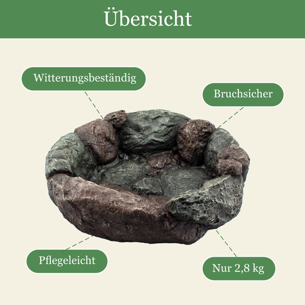 Gartenbrunnen in Steinoptik: witterungsbeständig, bruchsicher, pflegeleicht, Gewicht 2,8 Kilogramm.