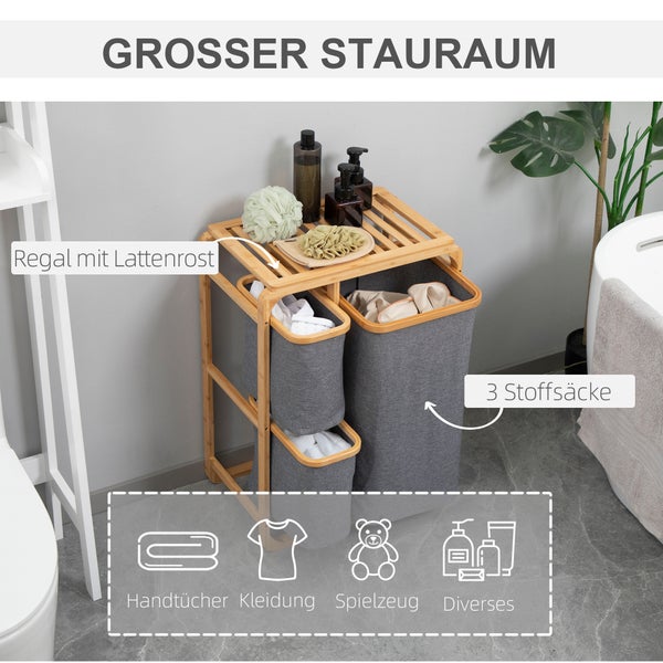 HOMCOM Wäschekorb Wäschebox mit Plattform Wäschesammler mit 3 abnehmbaren Wäschesacke Wäschesortierer für Schlafzimmer Badezimmer Bambus Grau+Natur 50 x 32 x 69,7 cm