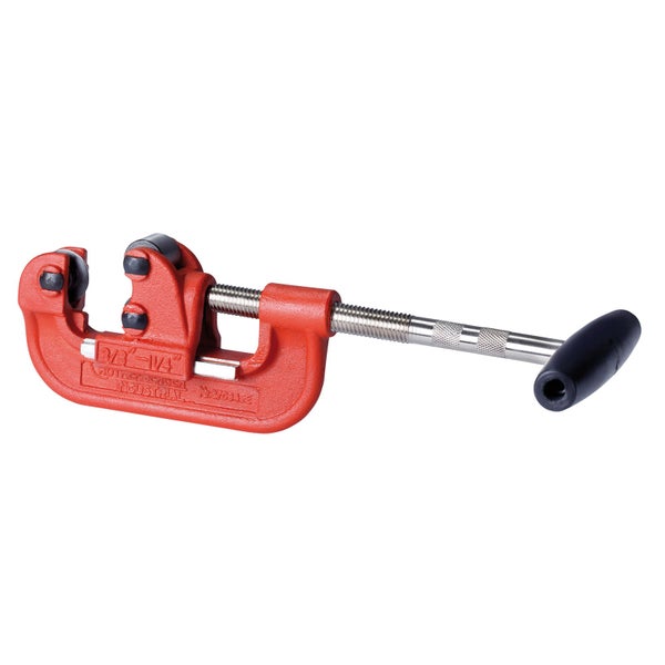 Rohrabschneider aus Metall für Rohre von 3/8 Zoll bis 1 1/4 Zoll mit rotem Gehäuse und schwarzem Drehgriff.