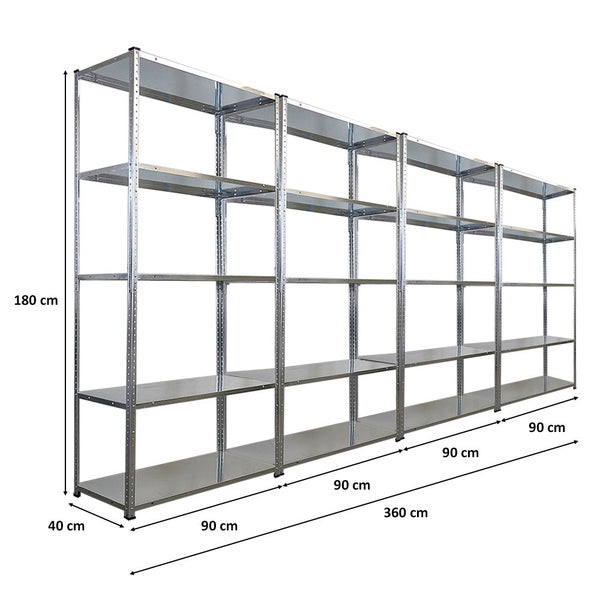 Großes, verzinktes Steckregalsystem mit fünf Regalböden und den Maßen 180 x 360 x 40 cm.
