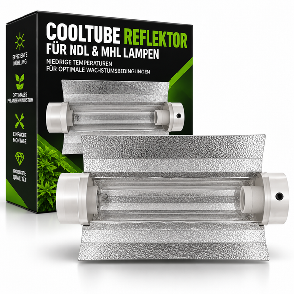 Cooltube Reflektor für Natriumdampf- und Metallhalogenlampen mit effizienter Kühlung für optimales Pflanzenwachstum.