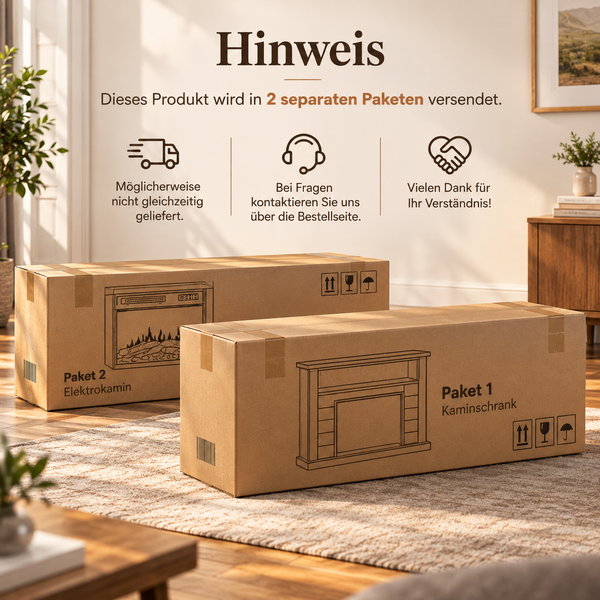 Hinweis zum Versand von Elektrokamin und Kaminschrank in zwei separaten Paketen mit Symbolen für Lieferung, Kundenservice und Dankeschön.