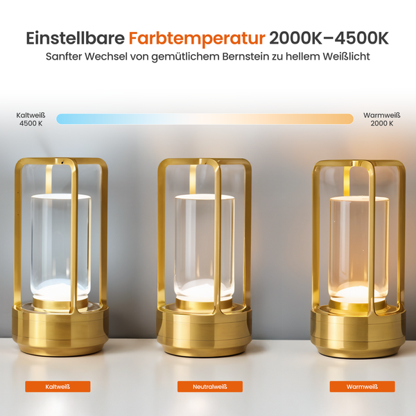 Drei Tischleuchten mit einstellbarer Farbtemperatur von kaltweiß bis warmweiß.