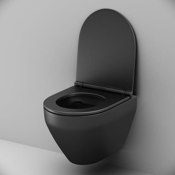Wandhängende Toilette in Schwarz mit geöffnetem Deckel.