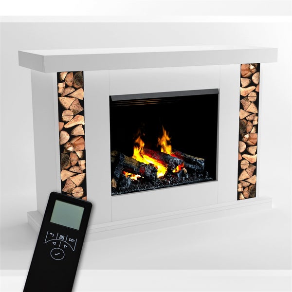 GLOW FIRE Elektrokamin 'Ares Opti Myst' | Wasserdampf Kamin mit Heizung inkl. Holz in weiß als Standkamin| HxBxT: 106x131x38 cm